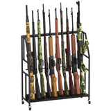 Gun Rack, Freestanding Floor Gun Stand with Metal Frame and Wheels, Wooden Adjustable Shotgun Rack Holds up to 10 Long Guns, Rifle Display Stand Storage Holder Indoor for Home Garage, Black HEOMU