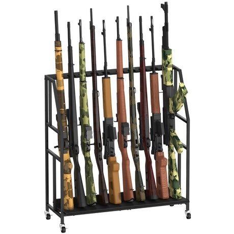 Gun Rack, Freestanding Floor Gun Stand with Metal Frame and Wheels, Wooden Adjustable Shotgun Rack Holds up to 10 Long Guns, Rifle Display Stand Storage Holder Indoor for Home Garage, Black HEOMU
