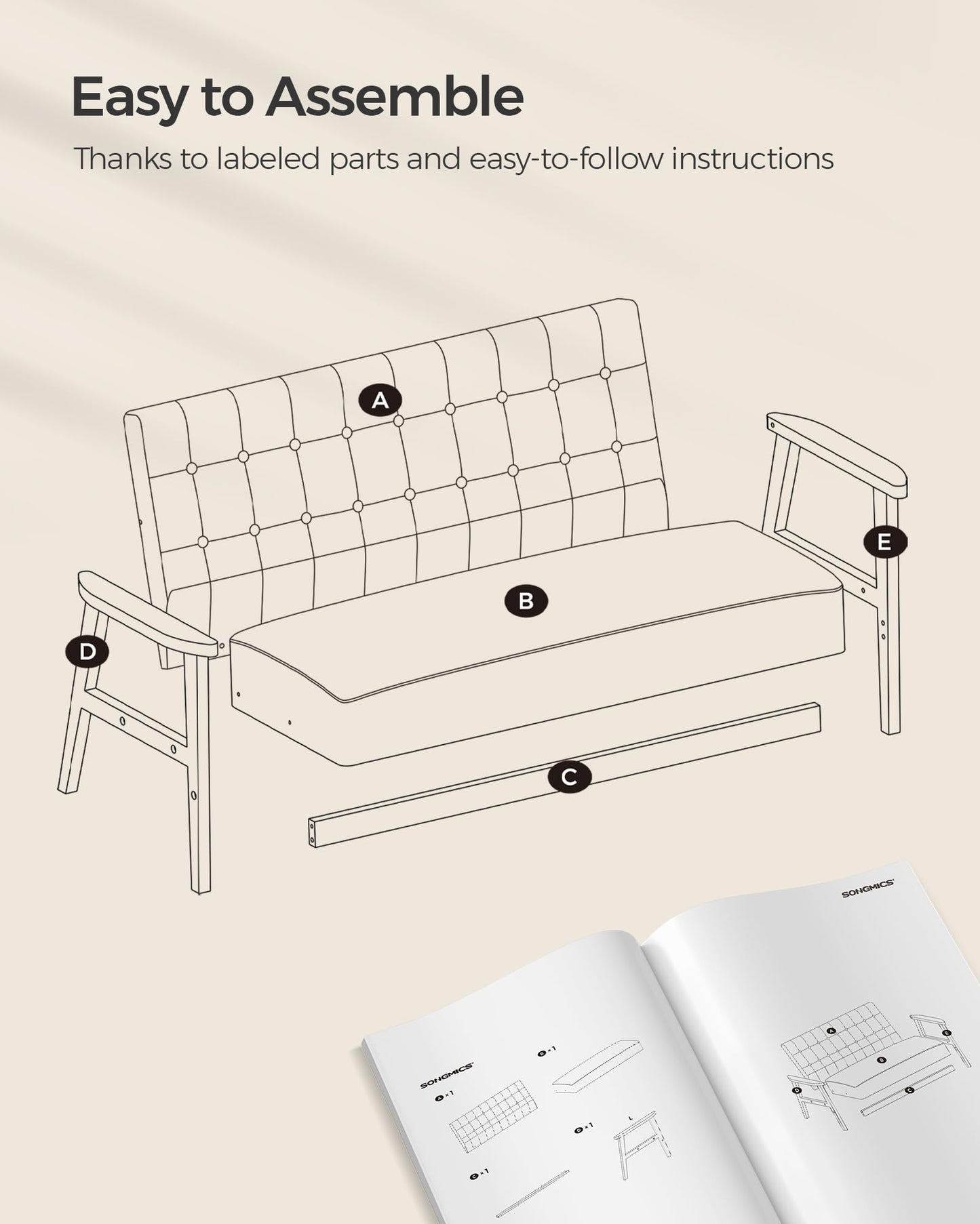 SONGMICS Loveseat Sofa, 2 Seater Cushioned Couch for Small Spaces, Mid-Century Modern 51.2-Inch Wide Seat with Solid Wood Armrests, Easy Assembly, for Living Room Bedroom, Sand Beige ULAC012M01