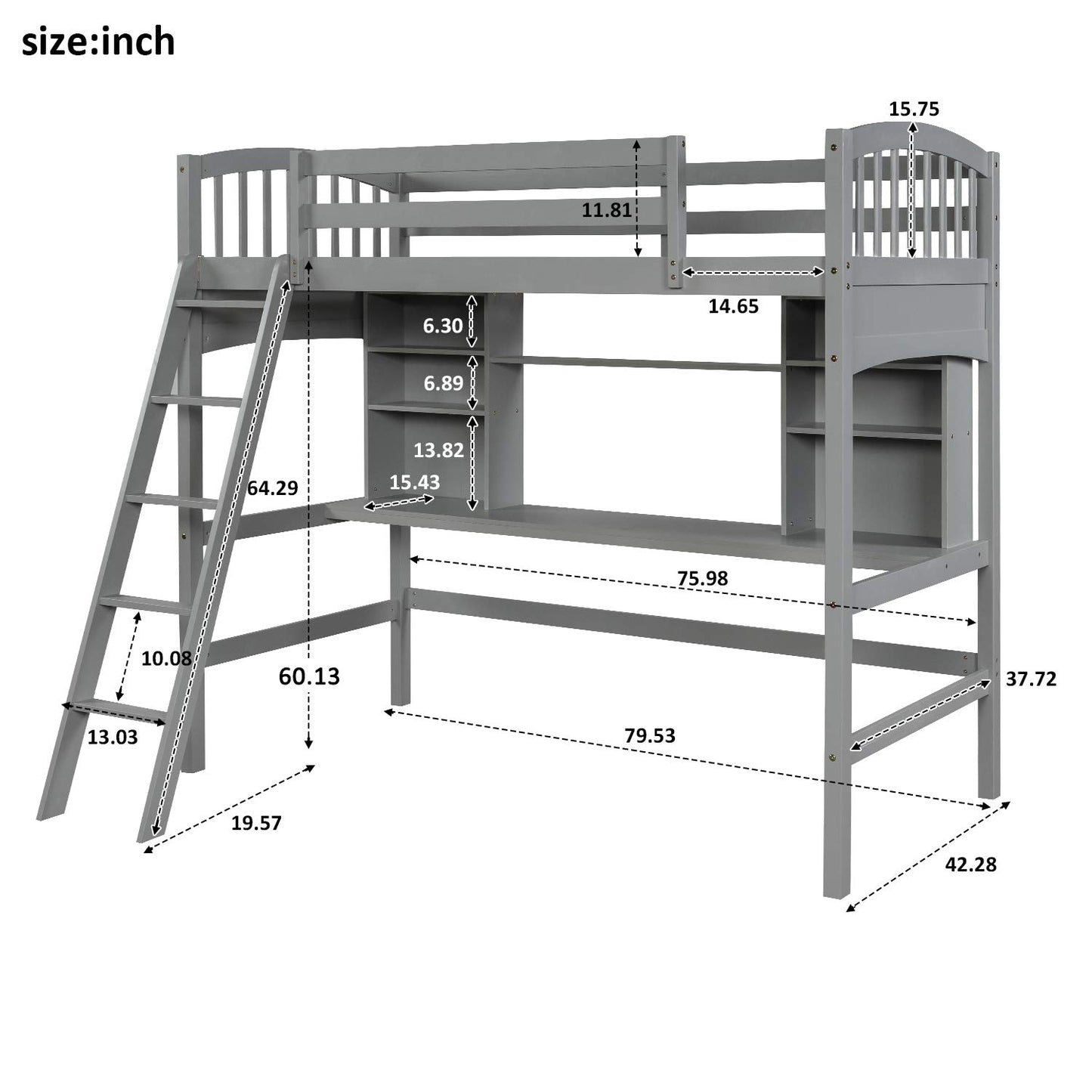 Merax Twin Size Grey Loft Bed with Desk and Shelves - Solid Pine Wood Frame - WoodArtSupply