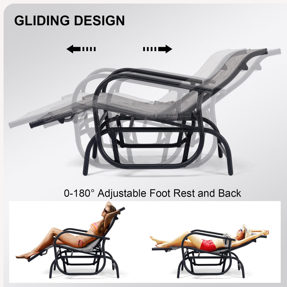 Patio Lounge Chairs Set of 2, Outdoor Glider Recliner Chair Set, 2 PCS Rocking Chairs with Breathable Mesh Fabric Swing Chairs with Foot Rest for Sunbathing, Lawn, Garden or Pool, Grey Garturects