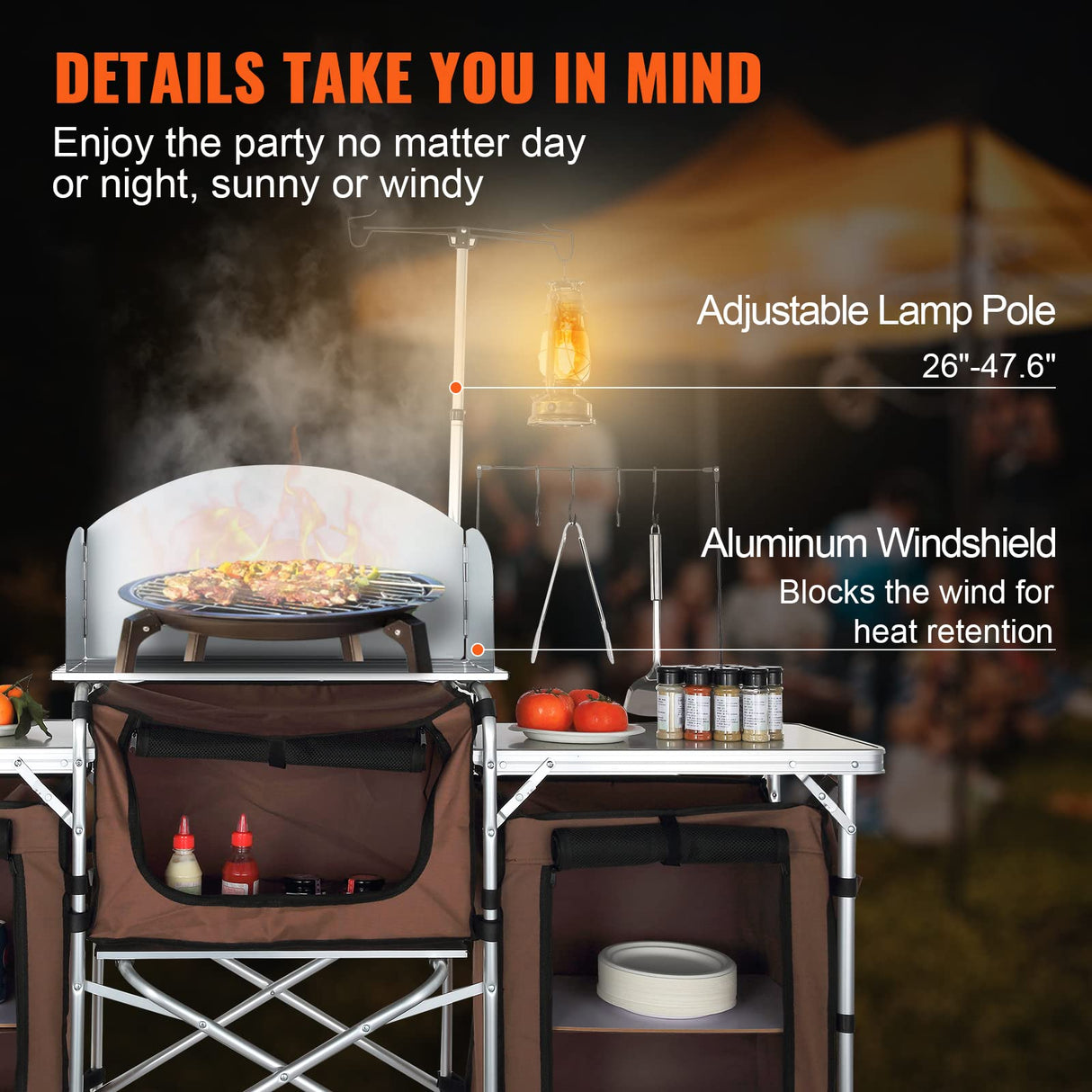 VEVOR Camping Kitchen Table, Folding Outdoor Cooking Table with Storage Carrying Bag, Aluminum Cook Station 3 Cupboard & Detachable Windscreen, Quick Set-up for Picnics, BBQ, RV Traveling, Brown VEVOR