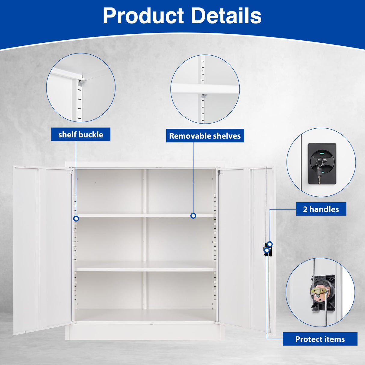 BYNSOE Metal Storage Cabinet Lockable Garage Storage File Cabinet with Doors Storage Cabinet with 2 Adjustable Shelves for Home Office Garage (White, 35 inch) BYNSOE