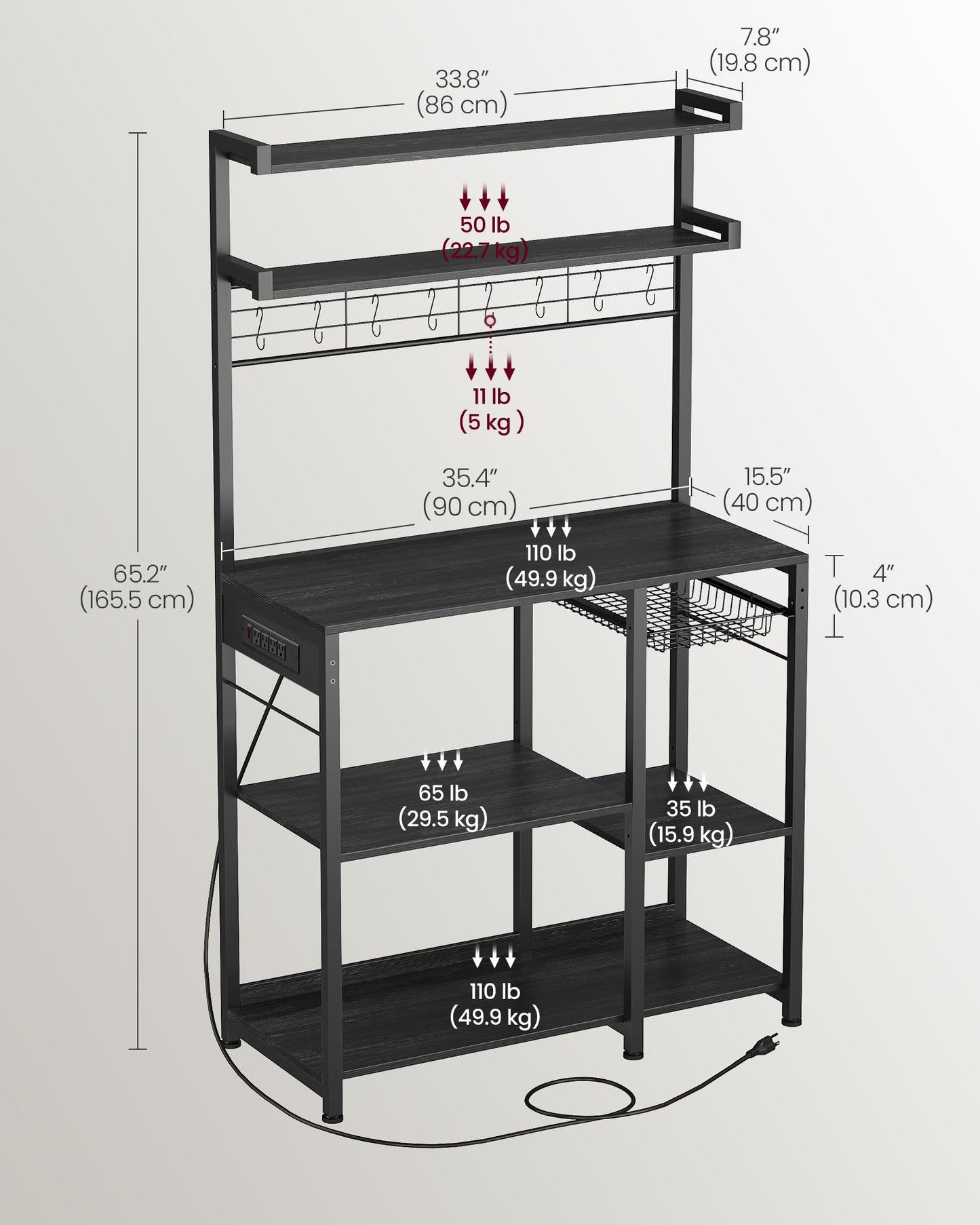 VASAGLE Bakers Rack with Power Outlet, 35.4 Inches Microwave Stand, Coffee Bar, 4 AC Outlets, with Adjustable Shelves, 8 S-Hooks, Basket, Spice Racks, Charcoal Gray and Ink Black UKKS031B22