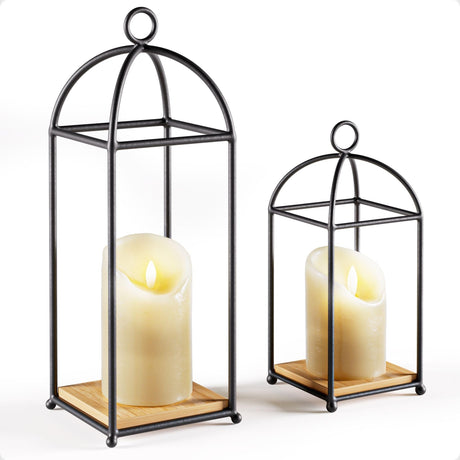 Candle Lanterns Decorative Indoor Set of 2 with 2 LED Candles Included - 13 Inch and 10 Inch Tall Iron & Bamboo Candle Lantern Set - Indoor Decorative Lanterns for Home Decor - Farmhouse Lantern Decor HB Design Co.