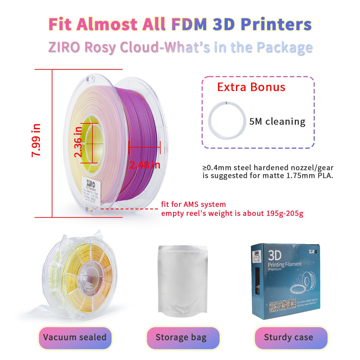 ZIRO PLA Filament Matte, Multicolors 3D Printer Filament, Tri-Colors 3-in-1 Chrome Coextrusion, Magic Visual Effect PLA, Fit Most FDM 3D Printers,1KG/2.2lb Spool, Rosy Cloud (Matte) ZIRO