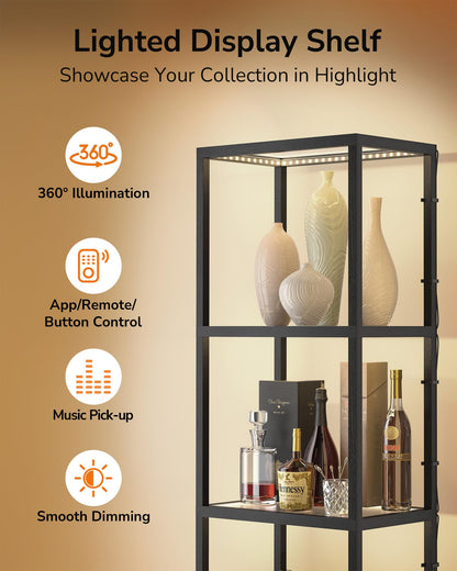 JACKYLED Display Cabinet with LED Lights 4-Tier Curio Cabinet with Customizable Warm/White Light Remote App and Button Control, Music Sync, Square Glass Shelf for Room Decor & Collection Display Case