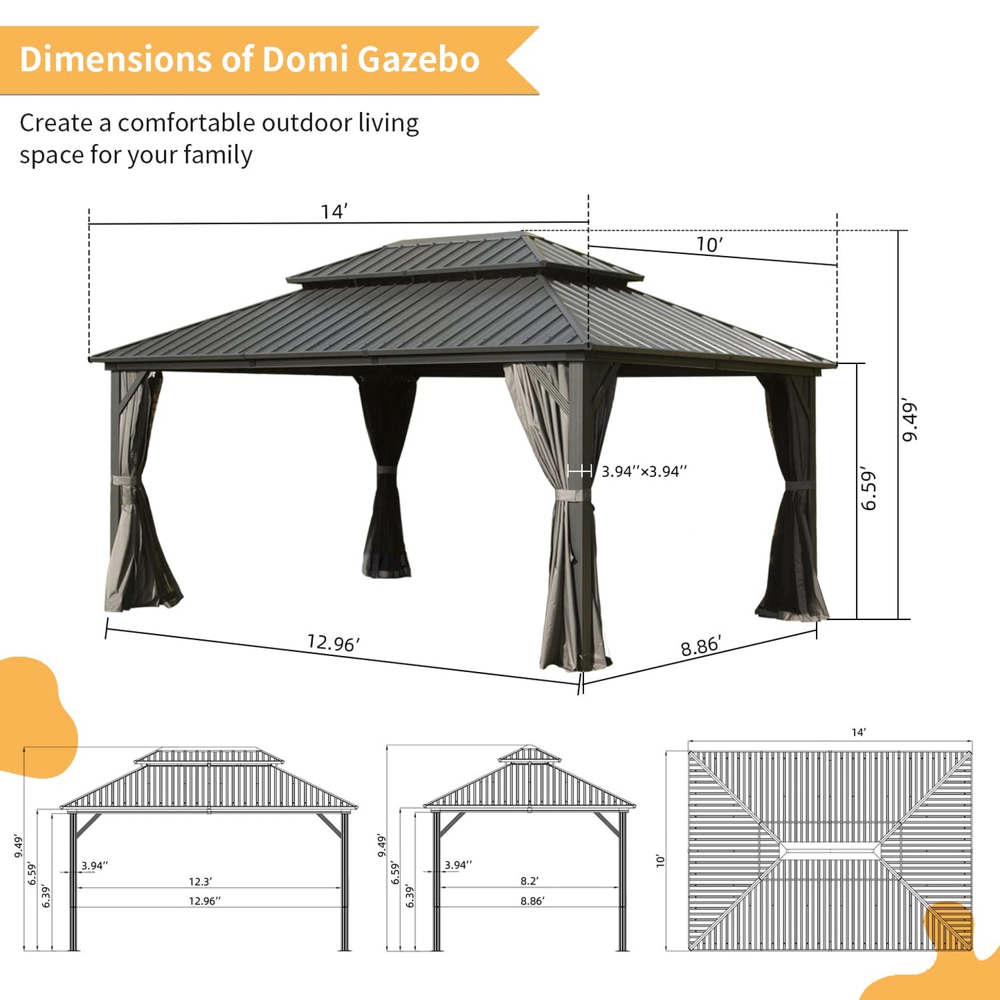 Domi 10' X 14' Hardtop Gazebo, Aluminum Metal Gazebo with Galvanized Steel Double Roof Canopy, Curtain and Netting, Permanent Gazebo Pavilion for Patio, Backyard, Deck, Lawn…