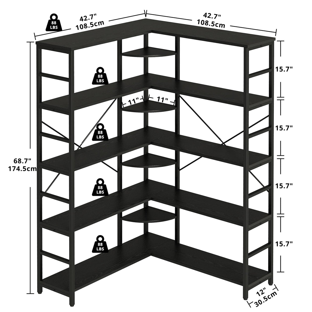 IRONCK Industrial Bookcases and Bookshelves, 5-Tiers Corner Bookcase with Curved Panels, L Shaped Shelf with Metal Frame for Open Storage for Living Room Home Office, Black IRONCK