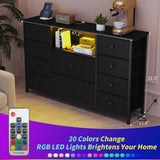 LDTTCUK Dresser with Charging Station and LED Lights, Long Dresser for Bedroom Dresser TV Stand with 10 Drawers, Fabric Chest of Drawers with PU Finish, Wide Dresser Storage Organizer, Black LDTTCUK