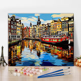 ‌Paint by Numbers Kit for Adults Amsterdam Canal Houses Landscape Painting with Spring Trees DIY Art Set Includes 16x20 Inch Canvas Acrylic Paints and Brushes European Cityscape Gift Idea TUMOVO