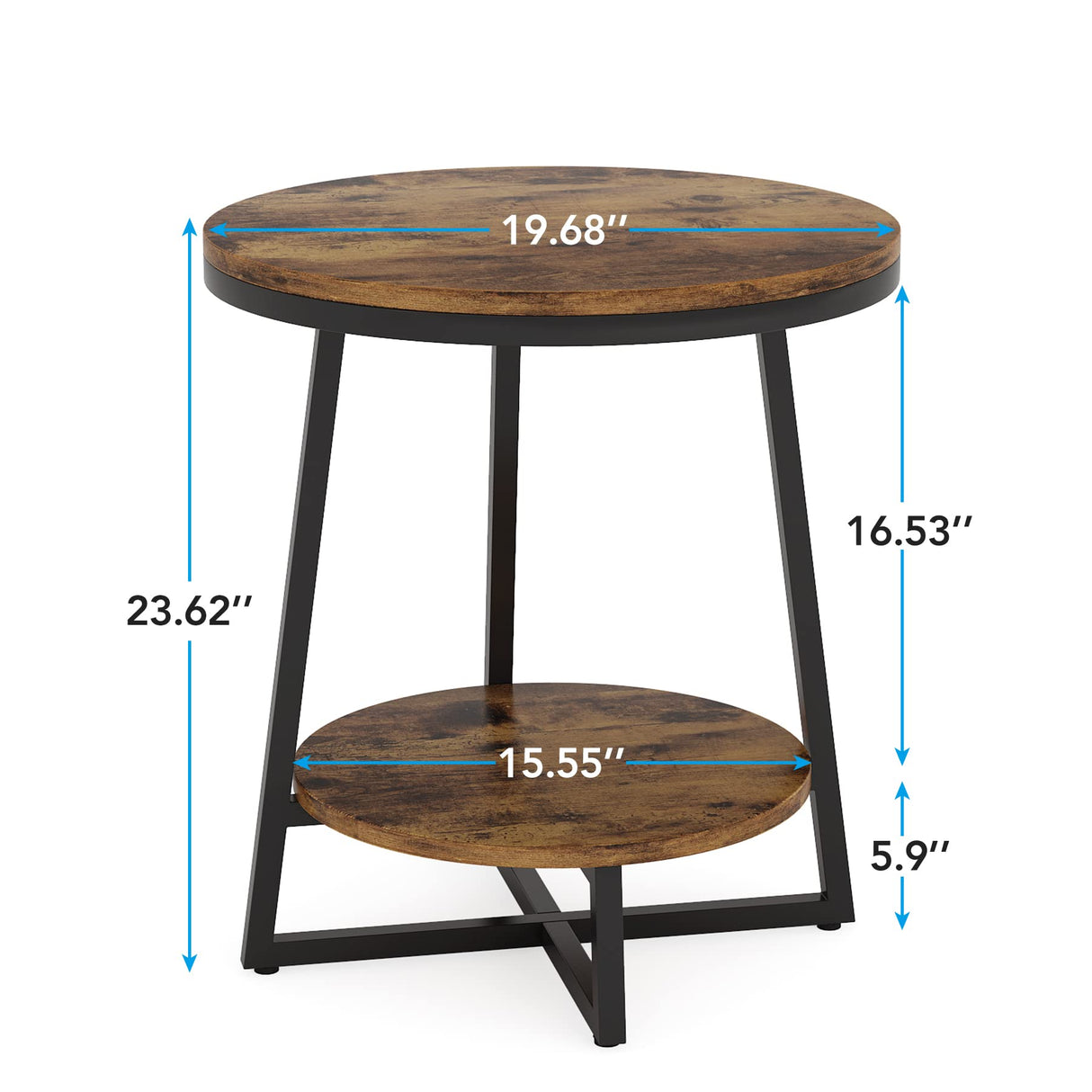 Tribesigns End Table, 2 Tier Round Side Table with Storage Shelf, Industrial Nightstand Bedside Table Coffee Accent Table for Living Room Bedroom Small Space, Rustic Brown Tribesigns