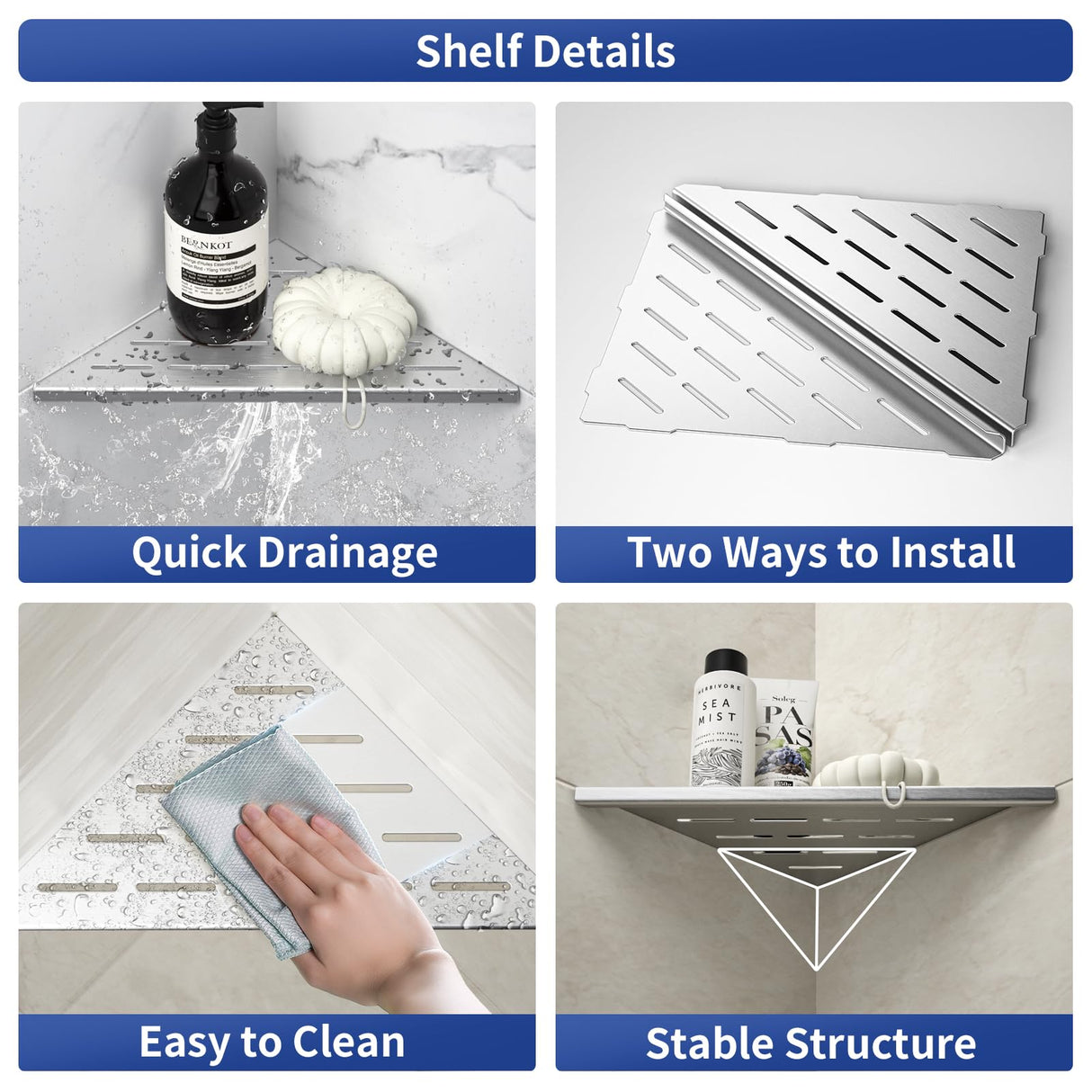 Bernkot Corner Shower Shelf 10", Brushed 304 Stainless Steel Slot Design Recessed Corner Shelves Bathroom Grout in Shelf for Tiled Wall, 2 Pack Bernkot