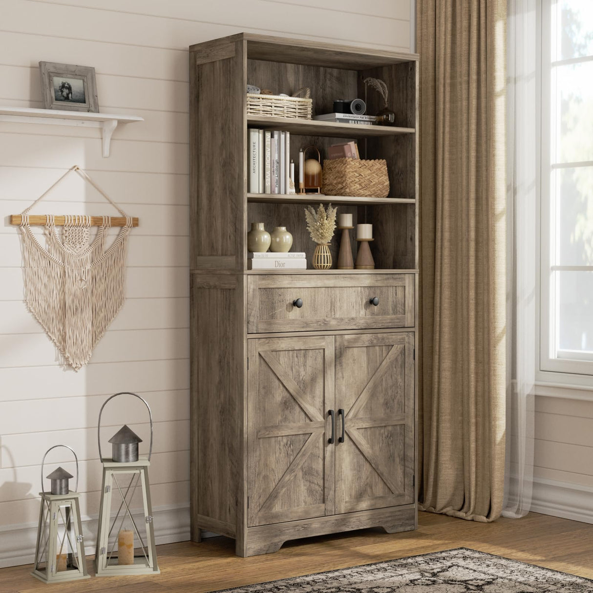 71"H Farmhouse Tall Storage Cabinet, Kitchen Pantry Cabinet with Barn Doors and Adjustable Shelves, Floor Standing Bookshelf 5 Tier Bookcase for Living Room, Kitchen, Basement,Bathroom, Grey FiveWillowise