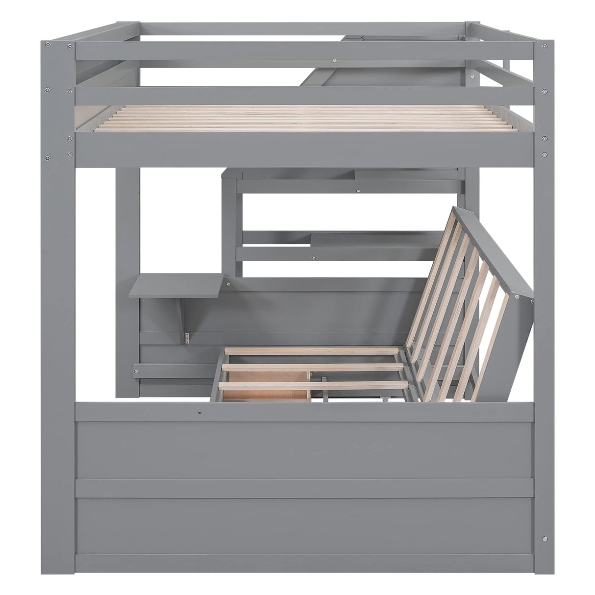 Convertible Full over Full Futon Bunk Bed with Stairs, Built-in Shelf, and Drawers in Grey - Harper & Bright Designs Harper & Bright Designs