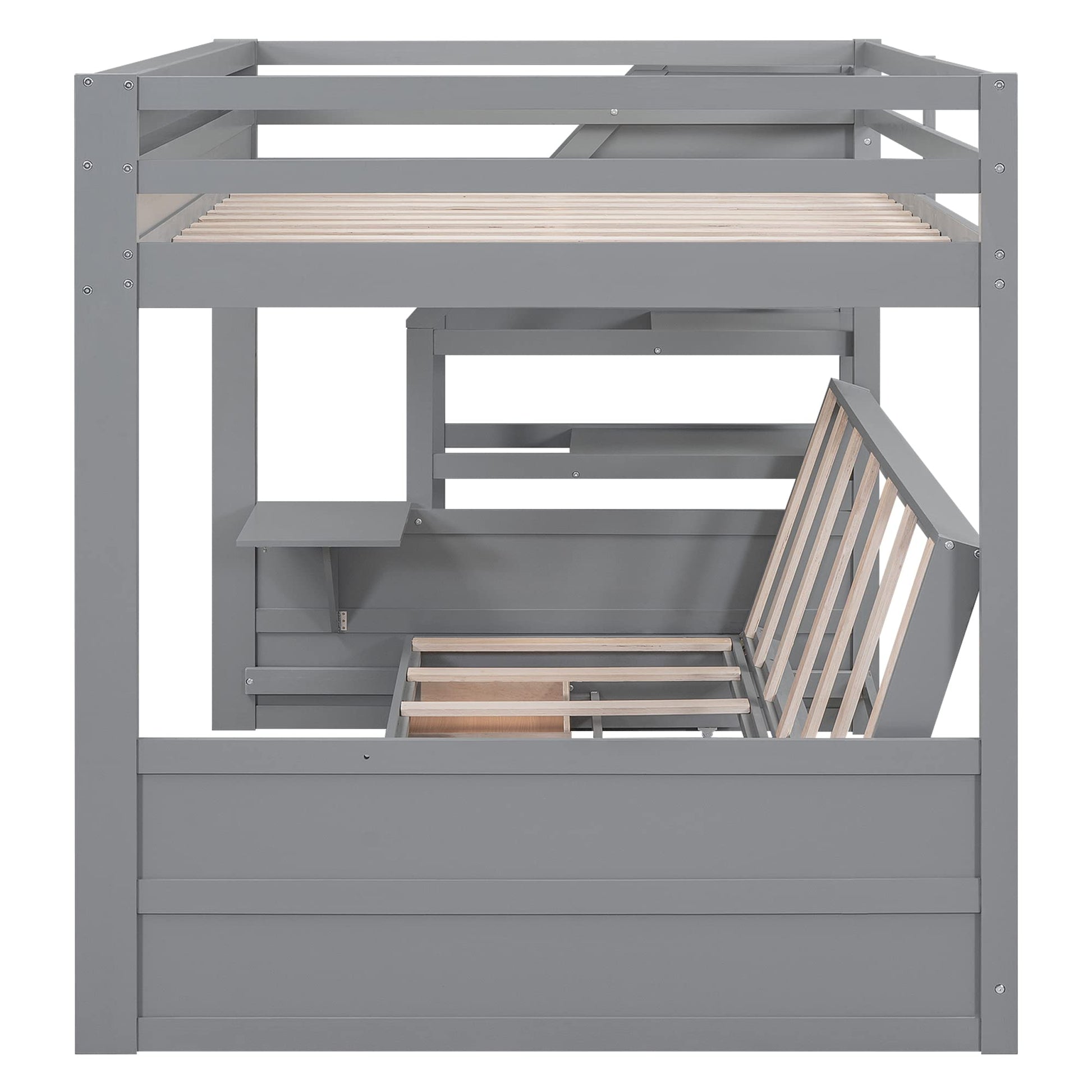 Convertible Full over Full Futon Bunk Bed with Stairs, Built-in Shelf, and Drawers in Grey - Harper & Bright Designs - WoodArtSupply