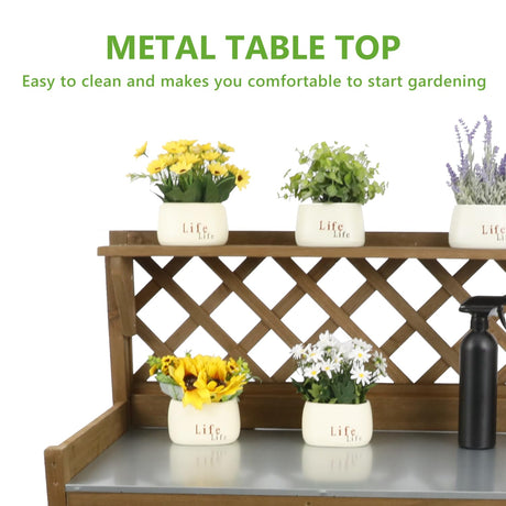 PetsCosset Garden Potting Benches & Tables,Outdoor Wooden Work Station W/Metal Table Top,Drawer,Large Bottom Shelf,Open Shelf Natural Wood-Natural Stained PetsCosset