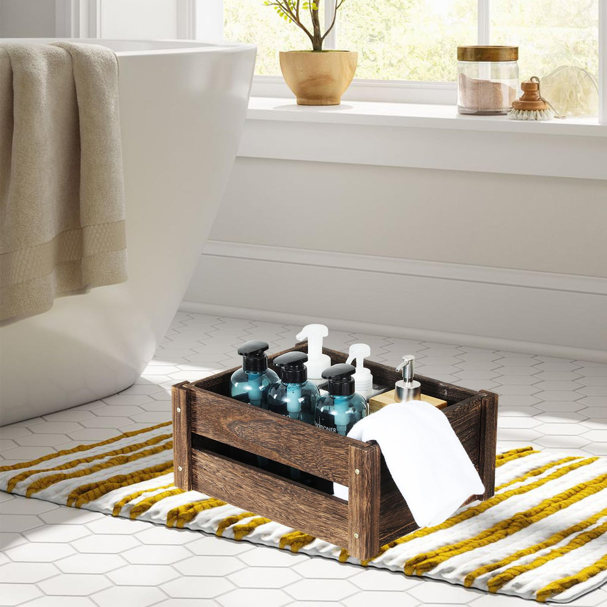 ROSOS Wooden Crates, Farmhouse Wooden Crates for Storage with Handles, Solid Wood Crates for Display, Durable Wooden Crate Box, Handmade Large Wooden Crate, Wooden Boxes for Decor, 2 Pack, Brown ROSOS