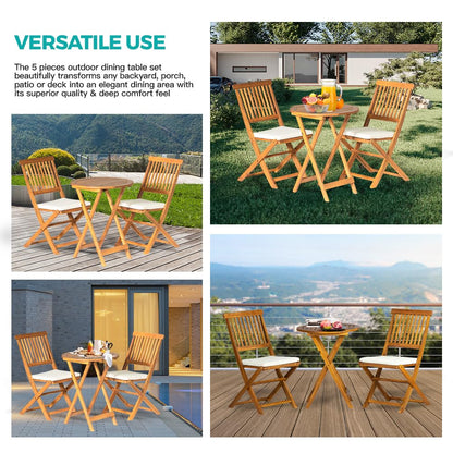 Panana 3PCS Patio Bistro Set Acacia Wood Folding Table Chairs with Cushions for Outdoor Garden Deck, Yard