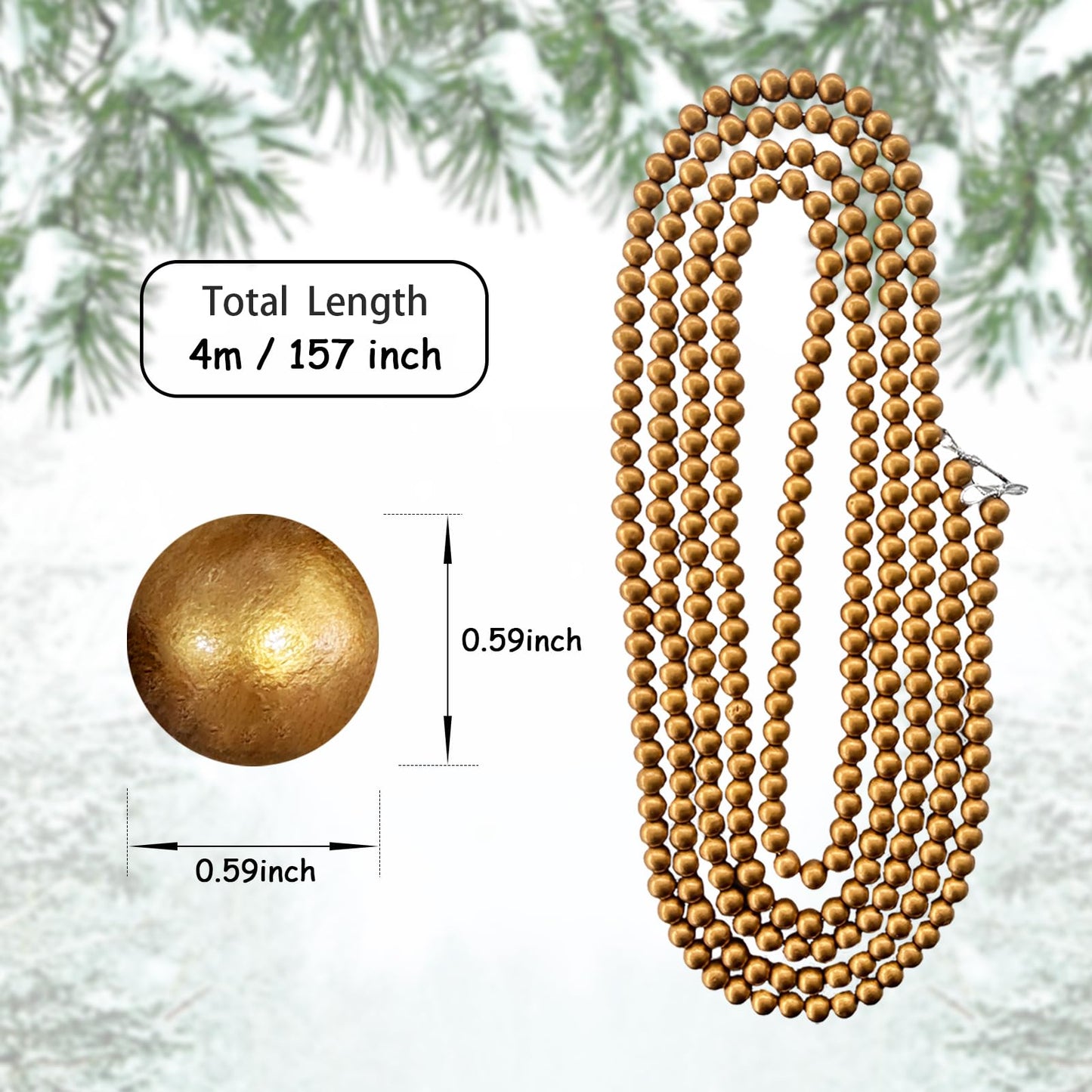 314 inch Christmas Wood Bead Garland,Gold Decorated with Christmas Tree Ornament,2 Pcs Farmhouse Bead Garland for Christmas Decoration Supplies(157 inch/1 Pcs)