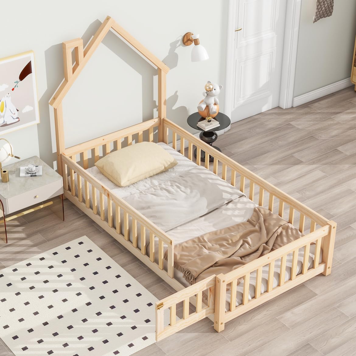TURRIDU Twin Size Montessori House-Shaped Floor Bed with Fence & Door in Natural Wood TURRIDU