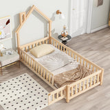 TURRIDU Twin Size Montessori House-Shaped Floor Bed with Fence & Door in Natural Wood TURRIDU