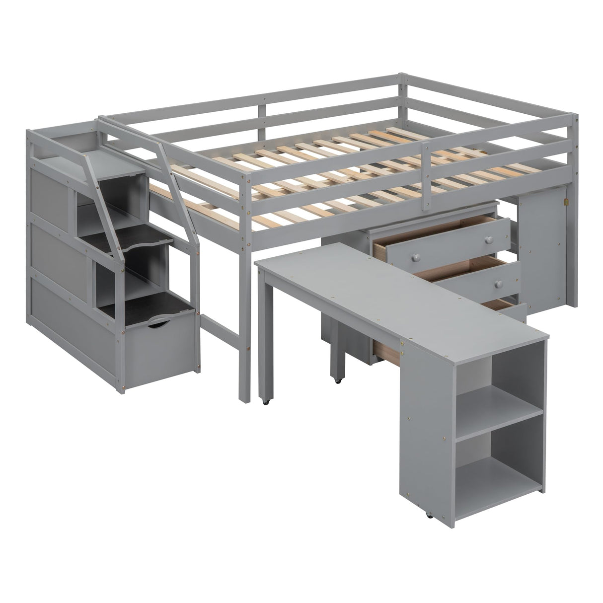 Harper & Bright Designs Grey Full Low Loft Bed with Storage, Stairs, and Rolling Desk Harper & Bright Designs