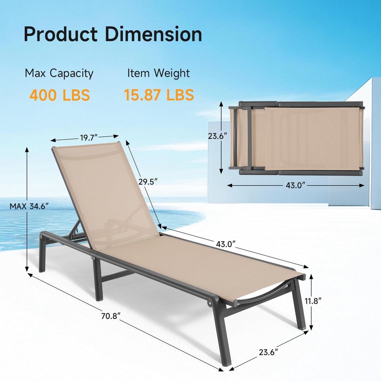 ONBRILL Aluminum Chaise Lounge Chair Outdoor, Foldable & Assembly Free Outdoor Lounge Chair with 5 Position Adjustable Backrest, Patio Pool Lounge Chairs for Outside Poolside Beach Lawn, 1PC, Khaki ONBRILL