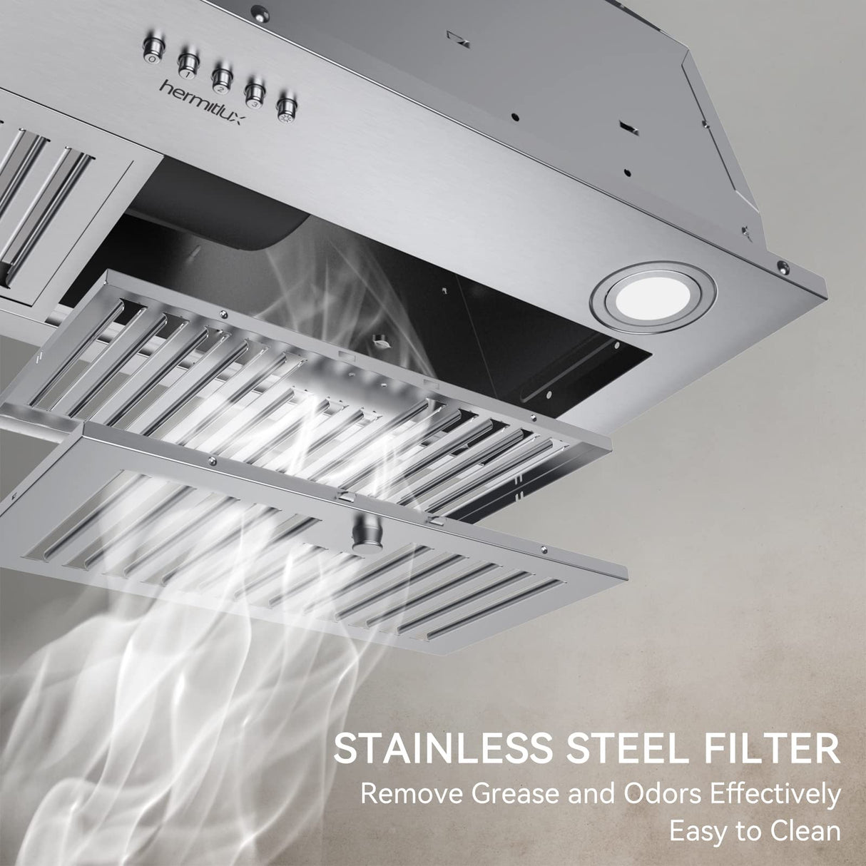 Hermitlux 30 inch Built-in/Insert Range Hood, 600 CFM 3 Speed Vent Hood, Ducted/Ductless Convertible, Stainless Steel with Bright LED Light, Baffle Filters and Charcoal Filters Hermitlux
