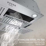 Hermitlux 30 inch Built-in/Insert Range Hood, 600 CFM 3 Speed Vent Hood, Ducted/Ductless Convertible, Stainless Steel with Bright LED Light, Baffle Filters and Charcoal Filters Hermitlux