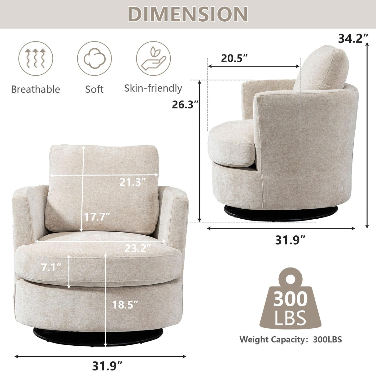 ODUWA Swivel Barrel Chair,31.9" W Modern Round Accent Arm Chairs Upholstered Comfy 360 Degree Swivel Single Circle Club Sofa Chair for Nursery Living Room Bedroom, Beige ODUWA