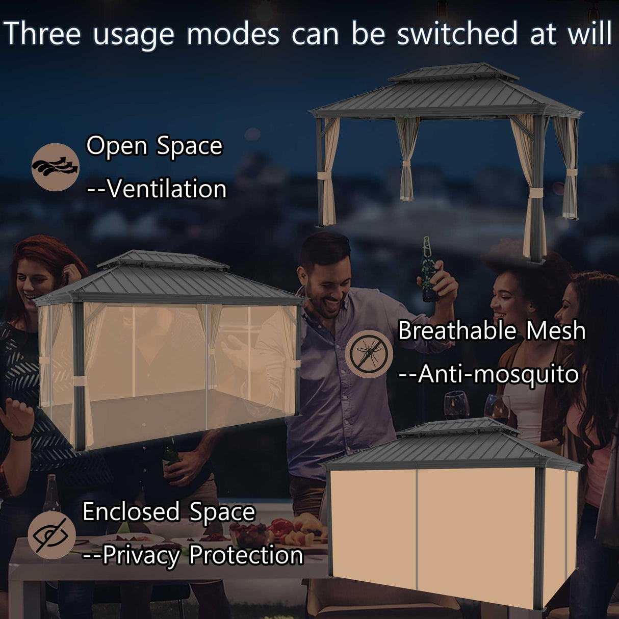 Yardsight 10' x 14' Hardtop Gazebo, Aluminum Frame Pavilion with Galvanized Steel Double Roof Heavy Duty Permanent Gazebo with Mosquito Netting and Privacy Curtain for Patio, Garden, Lawn. Yardsight