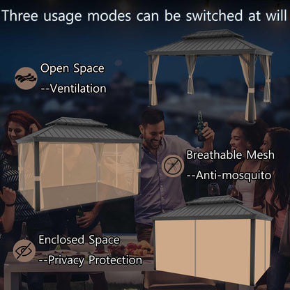 Yardsight 10' x 14' Hardtop Gazebo, Aluminum Frame Pavilion with Galvanized Steel Double Roof Heavy Duty Permanent Gazebo with Mosquito Netting and Privacy Curtain for Patio, Garden, Lawn. - WoodArtSupply
