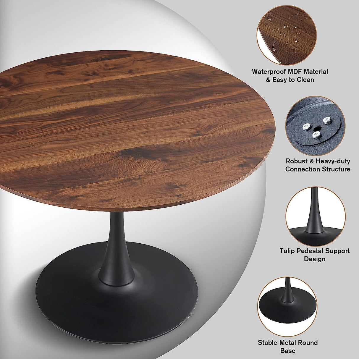 yotomaki 31.5" Round Dining Table for 2-4 People with Walnut Tabletop,Mid-Century Walnut Tulip Kitchen Table, Pedestal Base Table for Small Space Home Office Living Room yotomaki