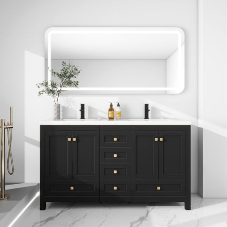 LUCKWIND 60" Bathroom Vanity with Sink, Modern Painted Bathroom Storage Cabinet with Ceramic Basin Sink Top, Faucet and Drawers, Mirror is Not Included, Black LUCKWIND