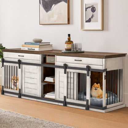 XL Dog Crate Furniture, 84.6" Solid Wood Dog Crate, Heavy Duty Dog Crates for Large Dogs, Indoor Double Dog Crate Table TV Stand with Storage Cubby, Sliding Doors, Drawers