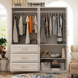 Hitow Wardrobe Armoire Closet with Glass Doors, 63.3" W Wardrobe Storage Cabinet with 3 Drawers & Hanging Rod, Wardrobe Armoire Dresser for Bedroom Clothing Organizer, White Hitow