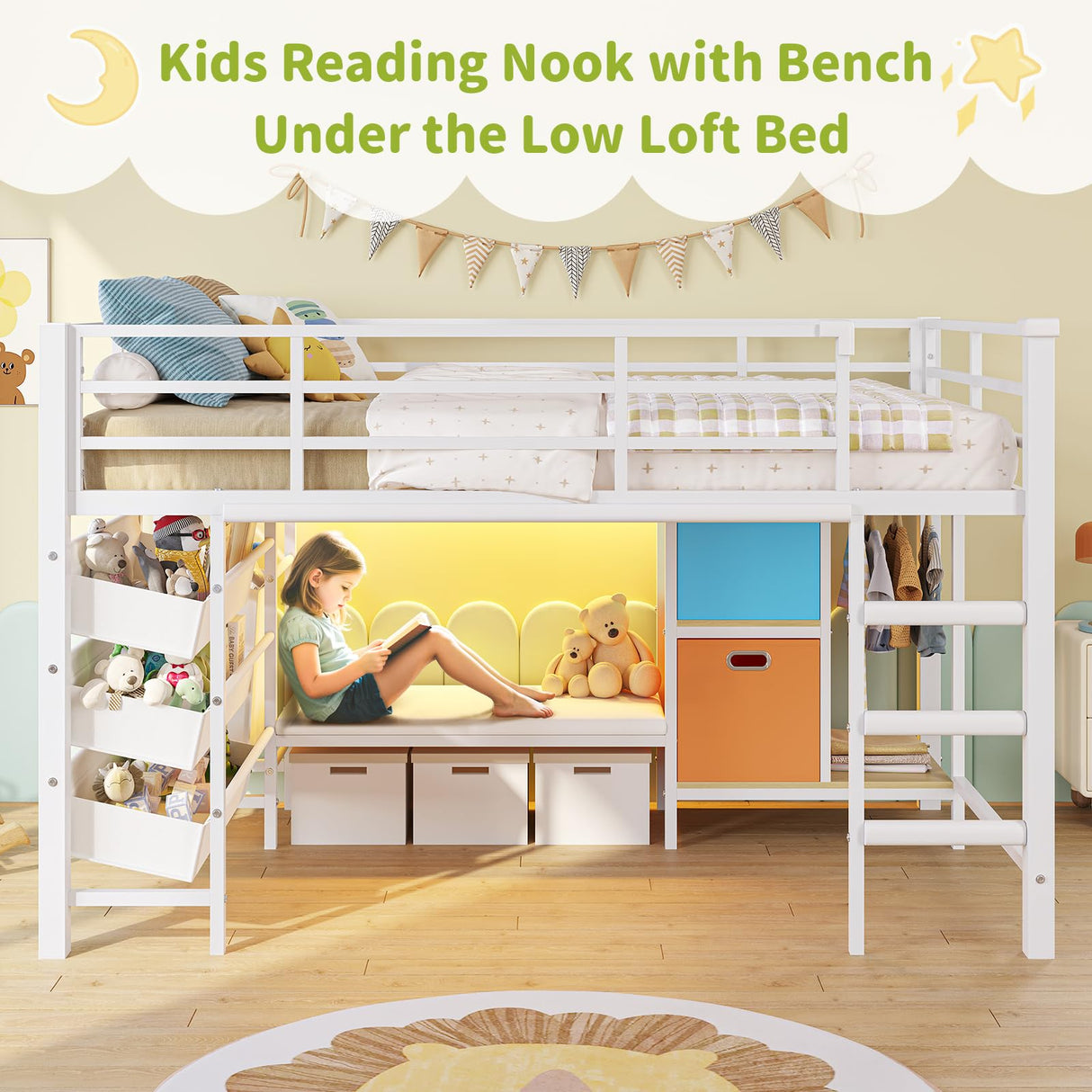 DICTAC Low Loft Bed Twin Size with Reading Corner Metal Twin Loft Bed with LED Lights,Sling Drawers and Bookshelf,loft Bed with Storage Basket and Bins,13.98" H Safety Guardrail and Stairs,White DICTAC