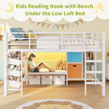 DICTAC Low Loft Bed Twin Size with Reading Corner Metal Twin Loft Bed with LED Lights,Sling Drawers and Bookshelf,loft Bed with Storage Basket and Bins,13.98" H Safety Guardrail and Stairs,White DICTAC