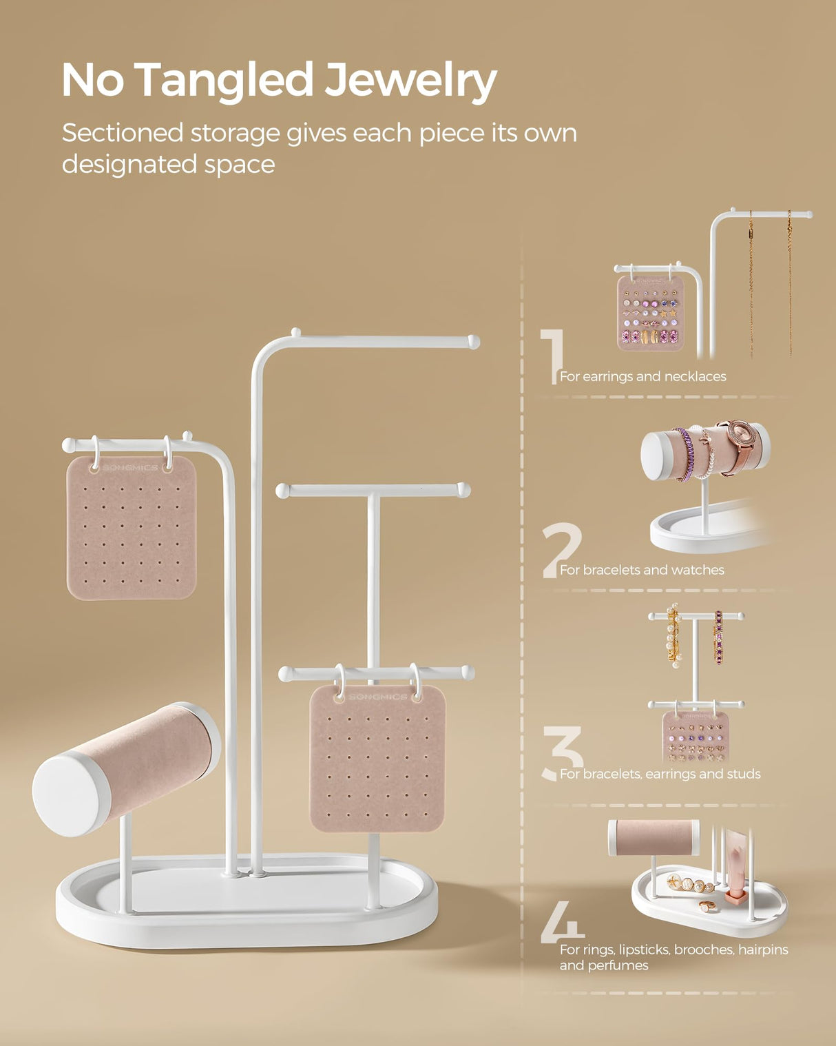 SONGMICS Jewelry Stand, Jewelry Organizer, Jewelry Display Holder with Metal Frame, 2 Earring Boards, 4 Hanging Rods, Necklace Earring Bracelet Holder, for Watches, Cloud White UJJS025W01 SONGMICS