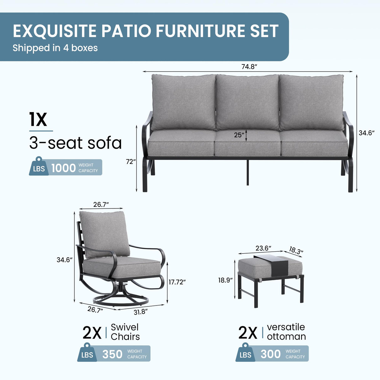 Amopatio Patio Furniture Set, Outdoor Furniture Set with Swivel Chair, 5 Pieces Patio Conversation Sets with 5.75" Extra Thick Cushion Include Waterproof Covers for Poolside Deck, Grey Amopatio