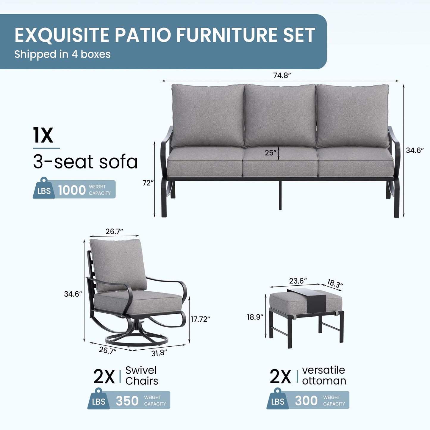 Amopatio Patio Furniture Set, Outdoor Furniture Set with Swivel Chair, 5 Pieces Patio Conversation Sets with 5.75" Extra Thick Cushion Include Waterproof Covers for Poolside Deck, Grey - WoodArtSupply