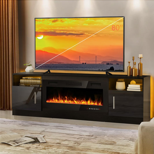 LEMBERI Fireplace tv Stand with 36 inch Fireplace Up to 80" TVs,LED Light Entertainment Center and Storage, 70" Modern Wood Media TV Console with Highlight Cabinet for Living Room (Black) - WoodArtSupply