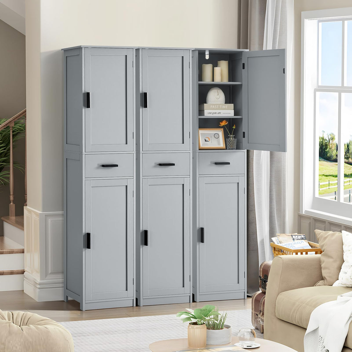 usikey 67“ Tall Bathroom Cabinet, Storage Cabinet with 4 Shelves & 2 Doors, Narrow Storage Cabinet for Bathroom, Living Room, Home Office, Grey usikey