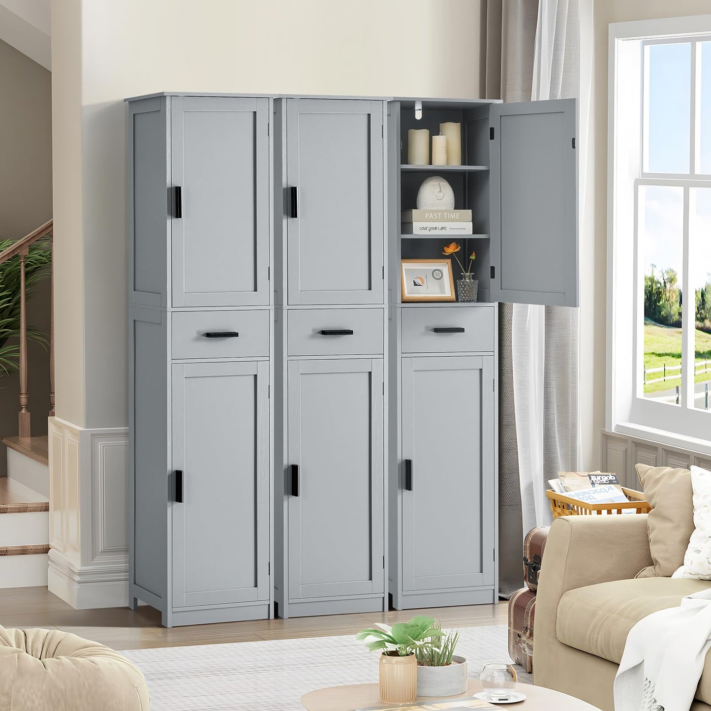 usikey 67“ Tall Bathroom Cabinet, Storage Cabinet with 4 Shelves & 2 Doors, Narrow Storage Cabinet for Bathroom, Living Room, Home Office, Grey