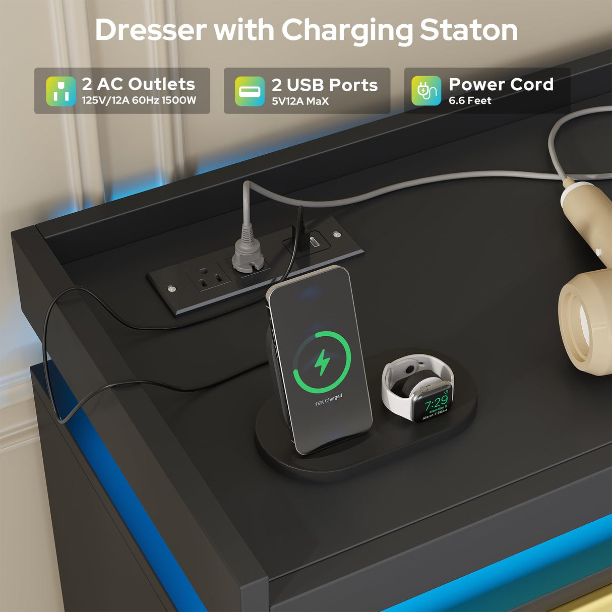 knoworld 8 Drawer Dresser for Bedroom, Black Dresser with LED Lights and Power Outlet, Large Wooden Dressers Modern Chest of Drawers, Double Wide 9 Drawer Dressers for Bedroom, Entryway, Hallway knoworld