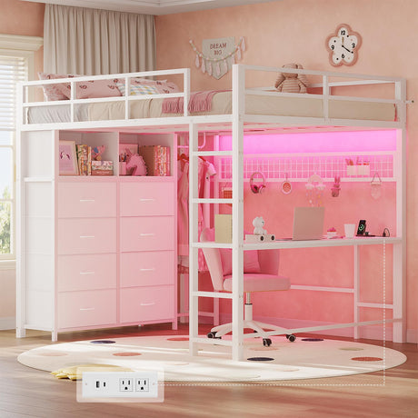 ADORNEVE Loft Bed Full Size with Desk and 8 Storage Drawers, LED Metal Loft Bed with Power Outlet, 2 Shelves & Clothing Rack, Bed with Safety Guardrail & Ladder,Space-Saving, White ADORNEVE