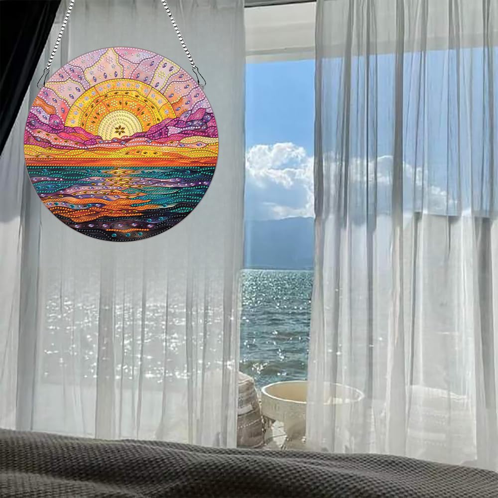 hospitian DIY Hanging Diamond Art Pendant Painting Kit Landscape,Sea Sunset Diamond Painting Kits for Adults,Special Crystal Gem Craft Painting Kit Ornament 9.4x9.4inch hospitian
