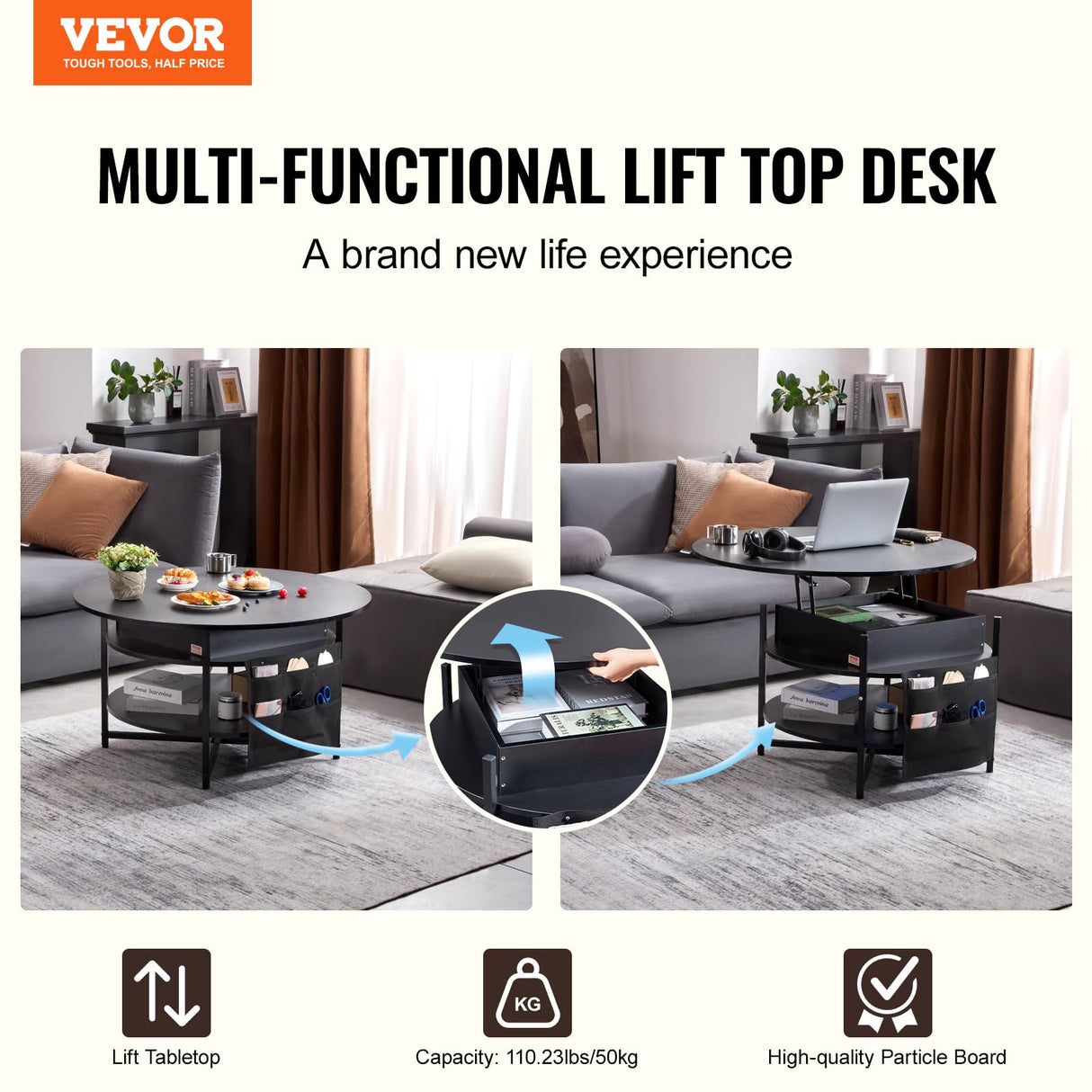 VEVOR Round Lift Top Coffee Table for Living Room, 35.3 in Round Coffee Table with Storage and Hidden Compartment, Circle Coffee Table with LED Light, Black VEVOR