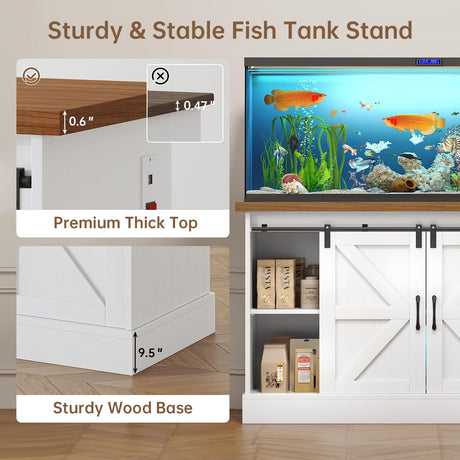 OtterOasis 55-75 Gallon Fish Tank Stand with Sliding Barn Doors & Power Outlet, Heavy Duty Aquarium Stand with Cabinet Storage for Fish Tank, Turtle Tank, Reptile Terrarium, 1000LBS Capacity, White OtterOasis
